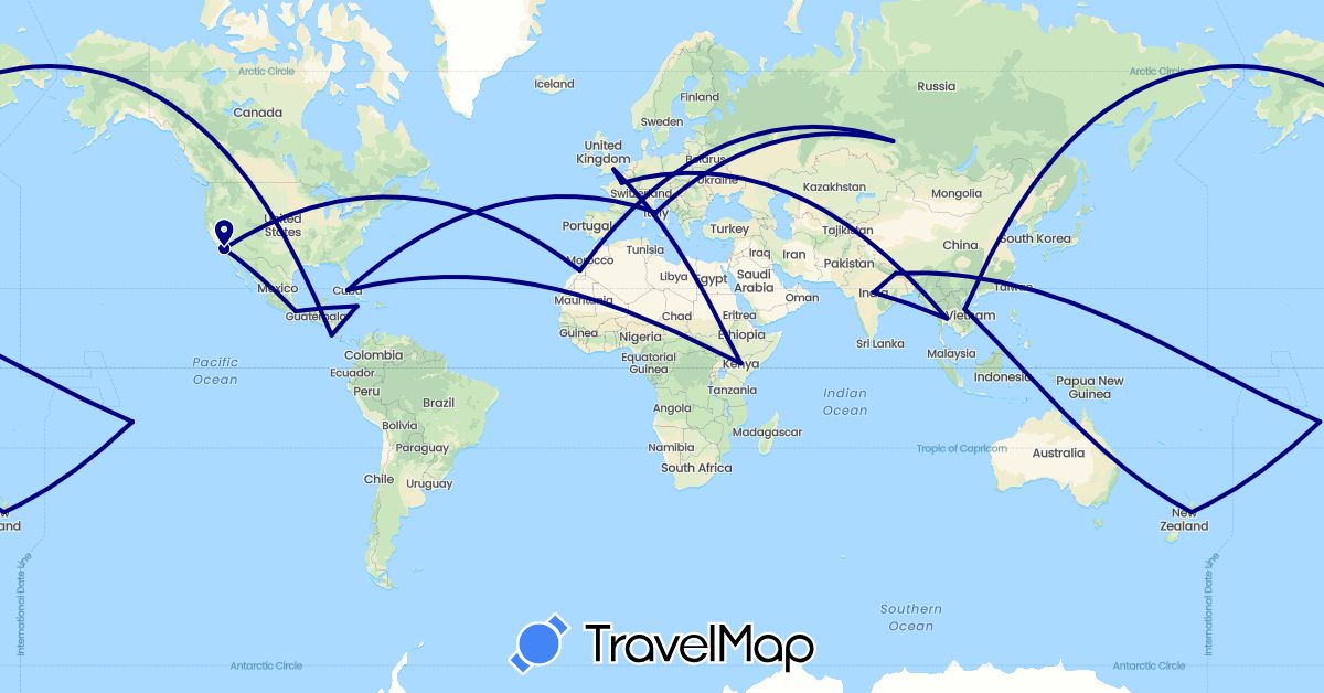 TravelMap itinerary: driving in Costa Rica, Cuba, France, United Kingdom, India, Italy, Jamaica, Kenya, Morocco, Mexico, Nepal, New Zealand, Russia, Thailand, United States, Vietnam (Africa, Asia, Europe, North America, Oceania)